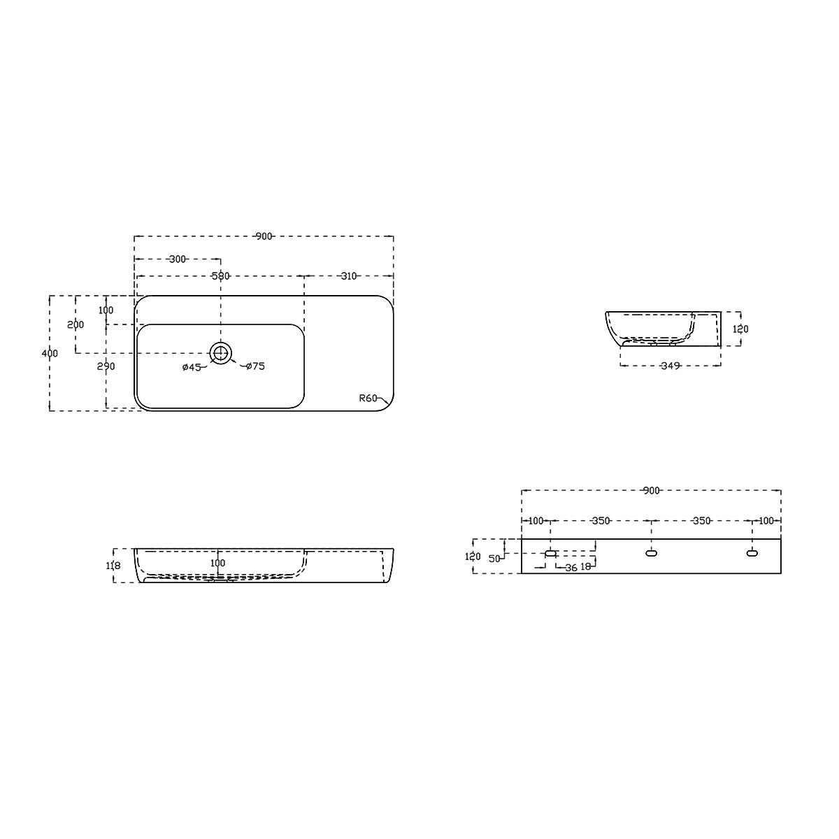 Раковина Solid Surface Vincea VWB-6S590MW, 900*400*120, подвесная, цвет белый матовый