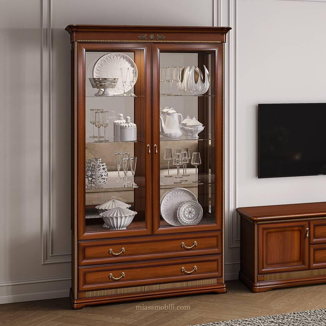 Шкаф 2-х дв. с зеркалом для посуды, Джоконда орех