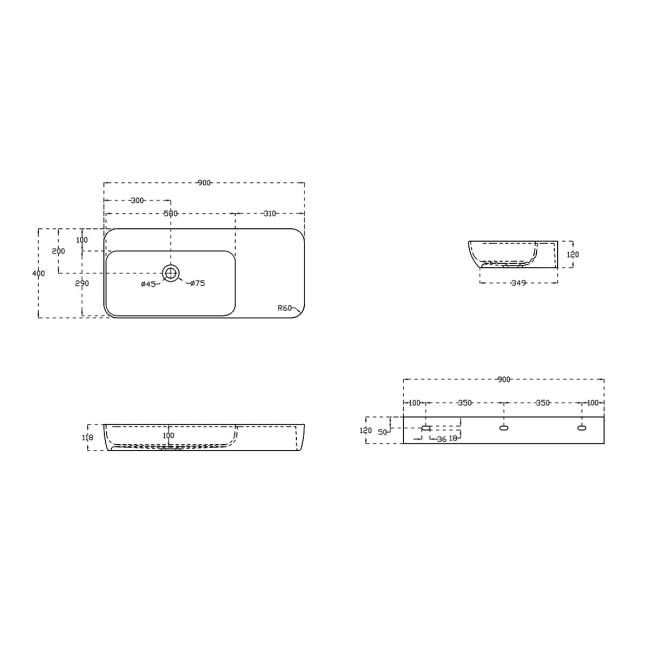 Раковина Solid Surface Vincea VWB-6S590MW, 900*400*120, подвесная, цвет белый матовый